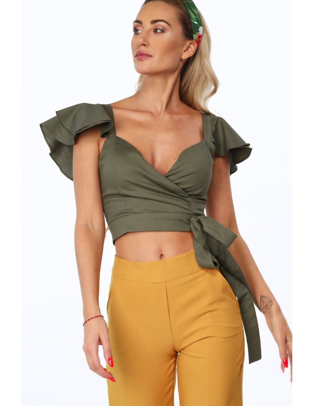 Khaki-Bluse mit Rüschen an den Schultern 97300 – Online-Shop – Boutique